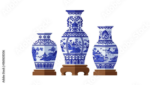 Elegant blue and white porcelain vases with traditional asian patterns