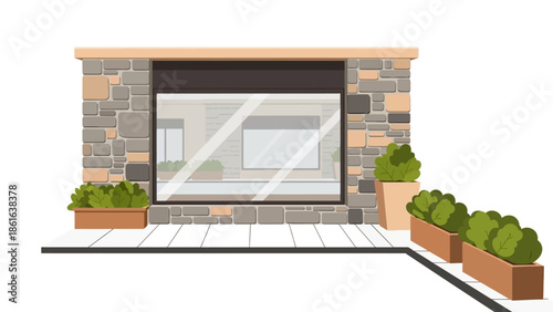 Modern minimalist exterior design with stone facade and large window