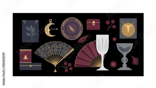 Elegant vintage collection with antique fan, glassware, and ornamental elements