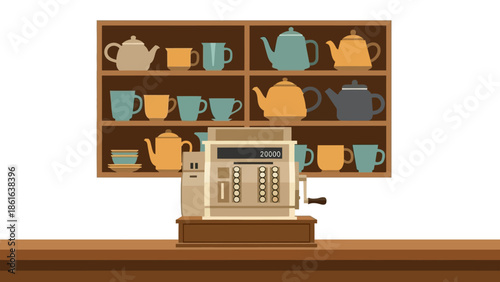 Vintage cafe counter with retro cash register and colorful teapots on shelves