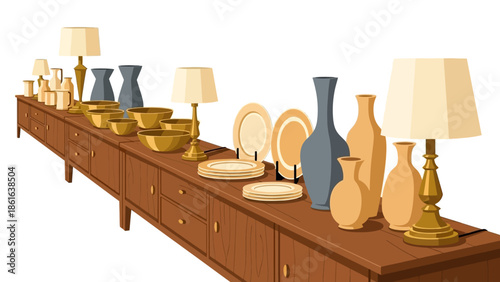 Elegant dining room decor with wooden sideboard and stylish tableware