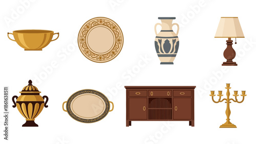 Decorative antique set: vintage ceramics, vase, lamp, and more in flat style