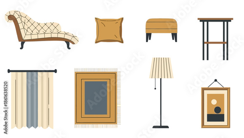 Set of modern home furnishings and decor elements in flat design