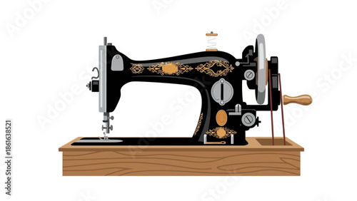 Retro sewing machine with vintage design on wooden base
