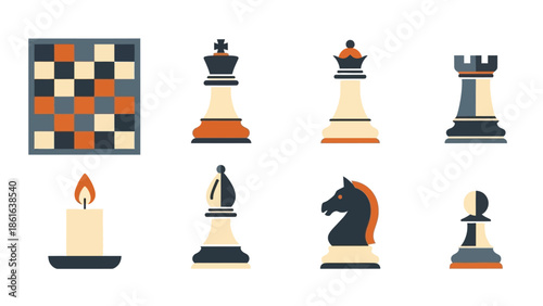 Chess game icons: flat style pieces and board set for strategic gameplay design