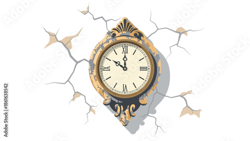 Vintage clock with cracked wall design featuring ornate details and distressed aesthetic