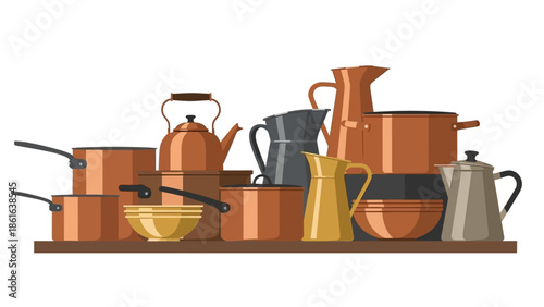 Collection of vintage kitchen pots and pans on shelf in flat design