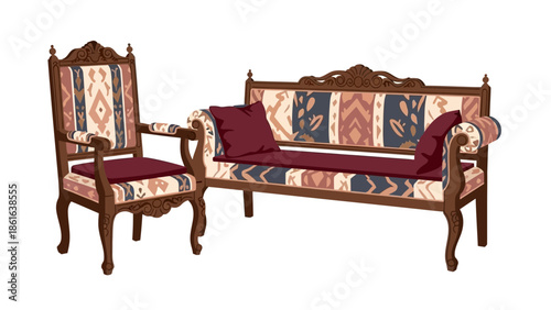 Vintage wooden furniture with geometric patterned upholstery for modern interior design