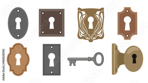 Vintage keyhole and lock set with antique designs and classic styles