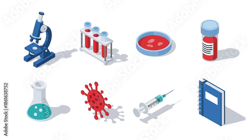 Isometric scientific tools and medical equipment icons set