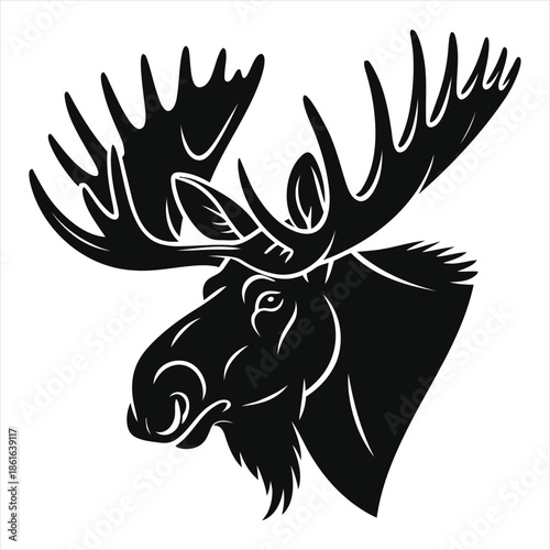 Detailed moose head profile with large antlers for crest design