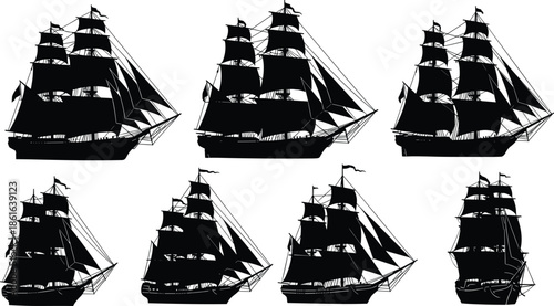 Vintage sailing ship vector set illustration, historical nautical vessel silhouettes with masts and sails, old wooden pirate boat icons isolated on white.