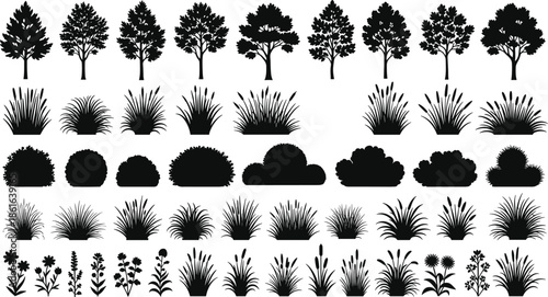 Collection of black tree silhouettes, garden bushes, shrubs and grass clumps vector set, cad drawing flat vector illustration