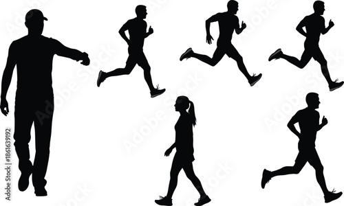 Walking and running silhouettes, motion stages, black figures, white background, human locomotion, stride progression, fitness movement, vector illustration, dynamic posture, sports concept