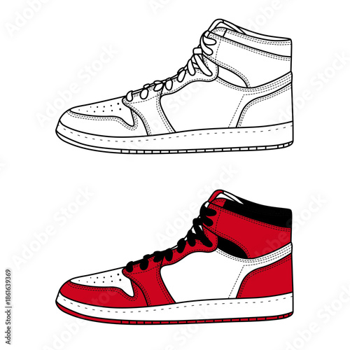 Classic high top sneaker shoes vector template with red color and line art