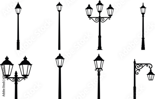 Vintage street lamp silhouette icon set featuring classic lamppost designs, urban lighting elements, decorative outdoor lantern vector illustration isolated on white background