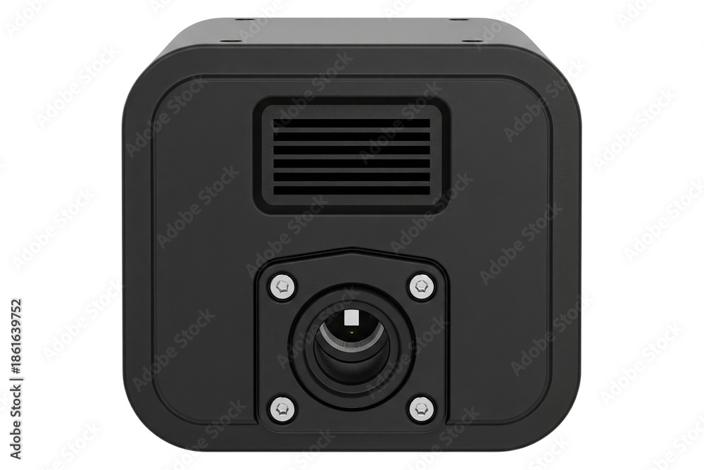 Fototapeta premium Front view of black industrial machine vision camera with lens on a transparent background