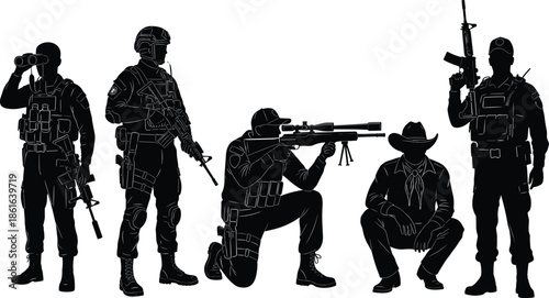 Tactical soldier silhouettes vector, diverse combat poses, black and white illustration, military gear, law enforcement style, sniper and scout artwork