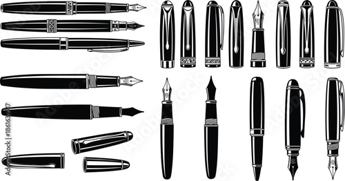 Vintage fountain pen collection vector illustration, luxury writing instruments set, black and white silhouette, classic office stationery design art icons