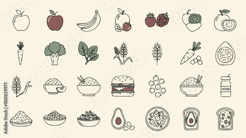 Collection of hand drawn food icons and symbols for healthy eating.