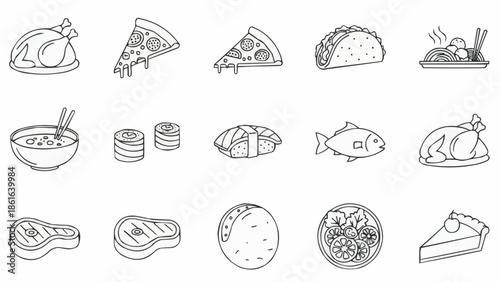 Collection of Hand Drawn Food Icons in Outline Style.