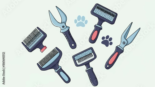 Collection of Pet Grooming Tools and Paw Prints.