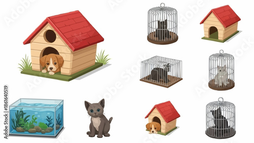 Collection of Pet Homes and Cages with Animals Inside.