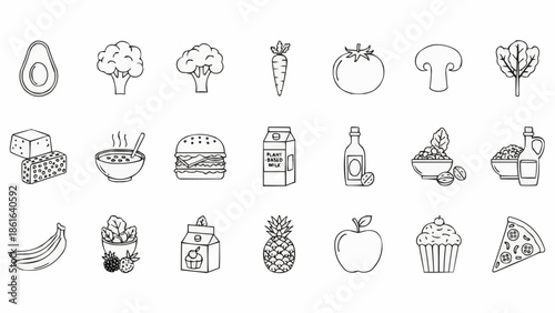 Collection of hand-drawn food and drink icons in a simple line art style.