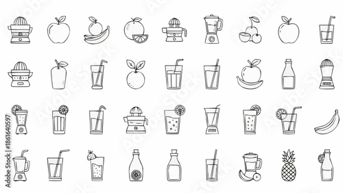 Collection of hand-drawn fruit and drink icons.
