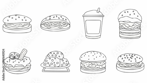 Collection of Outline Icons Representing Fast Food Items.