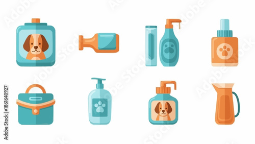 Collection of pet grooming supplies and accessories for dogs.