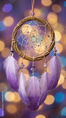 handcrafted dreamcatcher with beaded star web and soft purple feathers against dreamy bokeh light background
