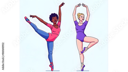 Diverse Ballerinas in Elegant Poses, Ballet Dance Practice Illustration, Graceful Female Dancers in Leotards and Pointe Shoes