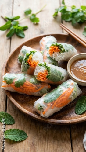 fresh translucent rice paper rolls filled with shredded carrots herbs and noodles on wooden plate