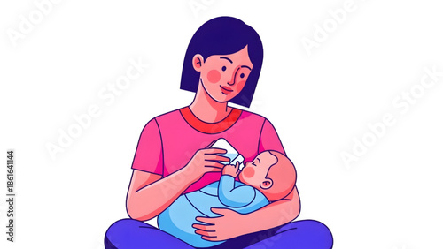 Mother Feeding Baby with Bottle Illustration, Caring Mom Holding Newborn, Parenthood and Infant Childcare Concept