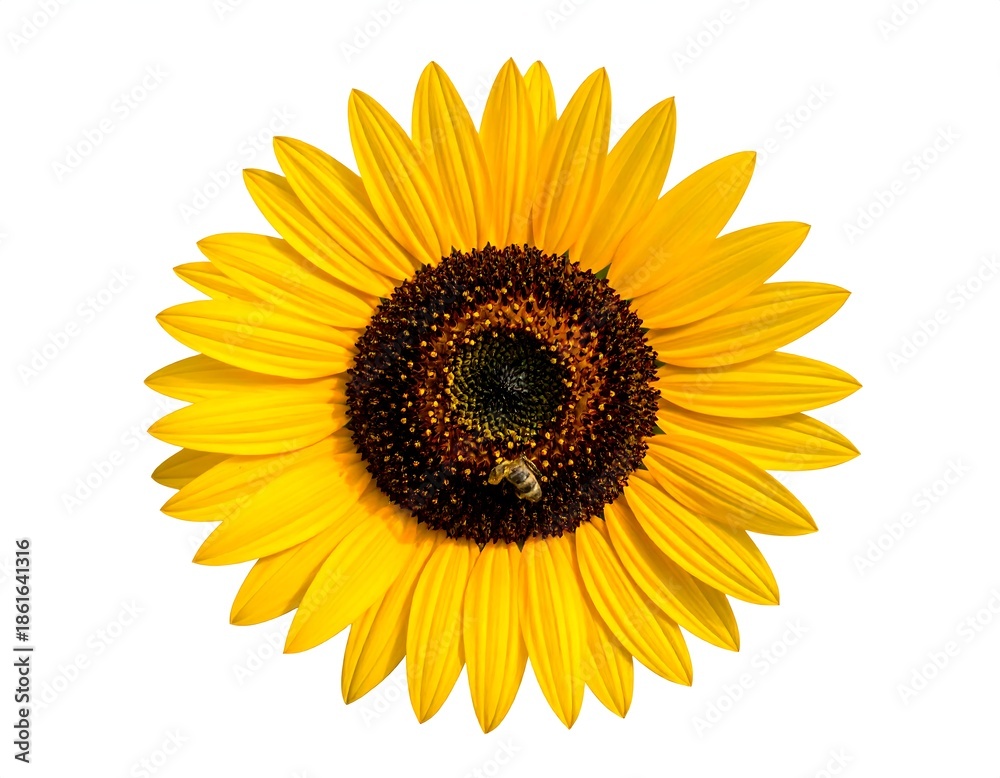 Fototapeta premium Top-down view of a bright yellow sunflower with a bee