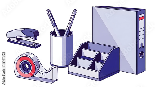 Office Stationery and Desk Supplies Illustration Set Featuring Binder, Stapler, Tape Dispenser, Pens, and Organizer