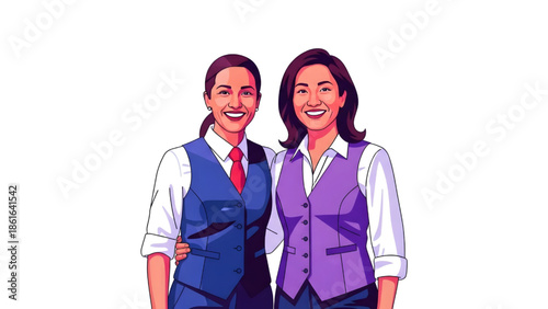 Two Smiling Professional Women in Uniform Vests Standing Together Vector Illustration on White Background