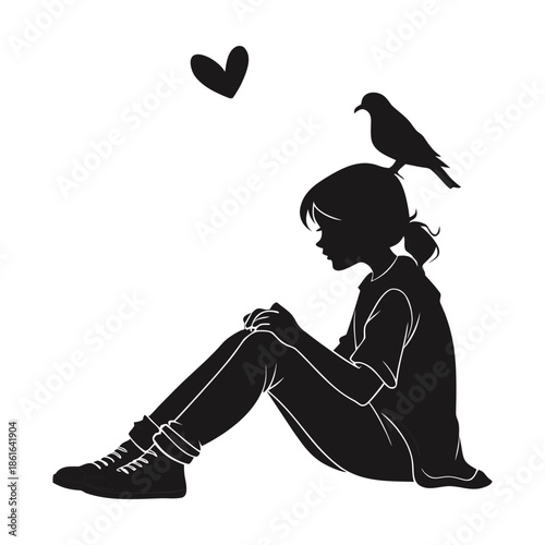 Silhouette of a girl with a bird and heart