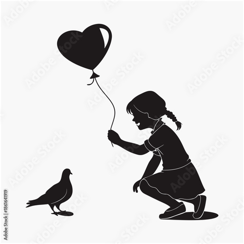 Girl holding heart balloon near pigeon