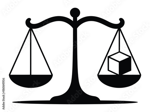 A silhouette of a balance scale with a cube in one pan and nothing in the other.