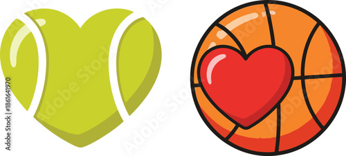 A heart-shaped tennis ball and basketball isolated vector illustration on transparent background