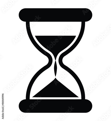 A black hourglass with sand flowing from the top bulb to the bottom bulb.