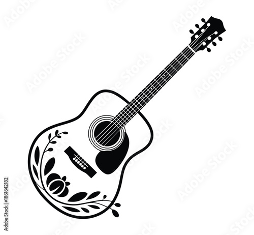 An acoustic guitar with floral embellishments is shown against a white background.