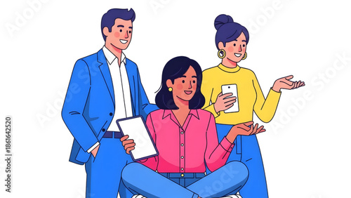 Group of Young Professionals Working Together with Digital Tablet and Smartphone Vector Illustration