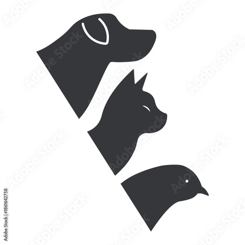 Isolated pictogram silhouettes of pet dog, cat, and bird, representing domestic animal symbols, perfect for design, icons, and graphic design.