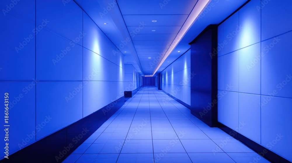 Fototapeta premium A futuristic blue-lit corridor, with white tiled floor and smooth panels, converging to a distant point ahead