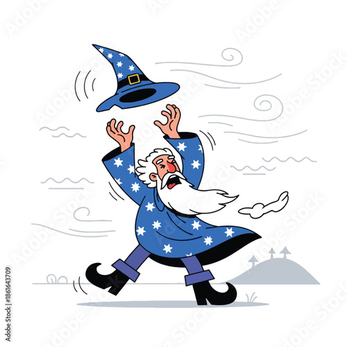 Cartoon wizard losing his hat flying.