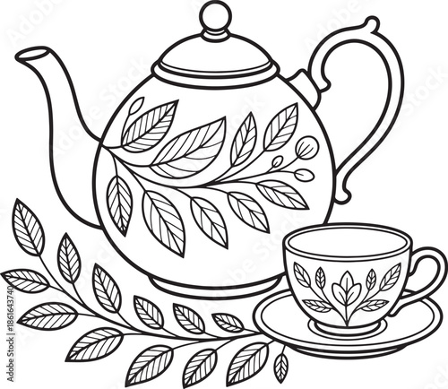 Outline vector drawing of vintage teapot and teacup set decorated with elegant botanical leaf pattern art