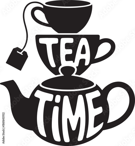 Tea time silhouette design with stacked teapot and cups and integrated large typography on solid background